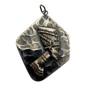 Vintage Egyptian Queen Nefertiti Relief Pendant – Textured Hammered Metal,‎ 2”